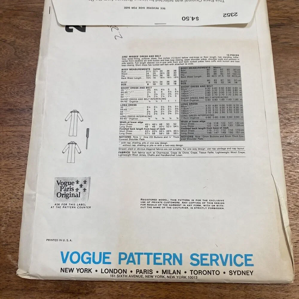 Vintage Vogue Sewing Pattern 2352 Paris Original Size 10 Nina Ricci Dress & Belt